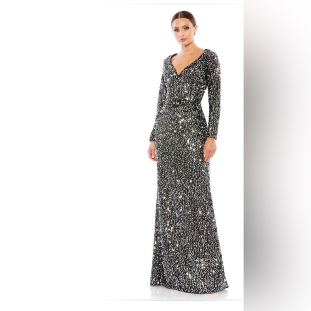 Mac Duggal Black Sequin long sleeve V neck evening gown